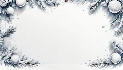 Christmas Holiday Frame With White Ornaments And Pine Branches