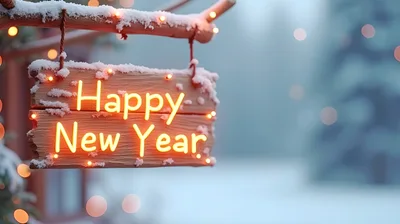 Glowing Happy New Year Sign Hanging Outdoors