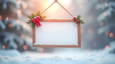 Blank Wooden Christmas Sign Hanging In Snowy Forest