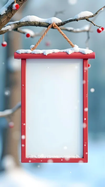 Blank Red Hanging Sign In Snowy Winter Forest