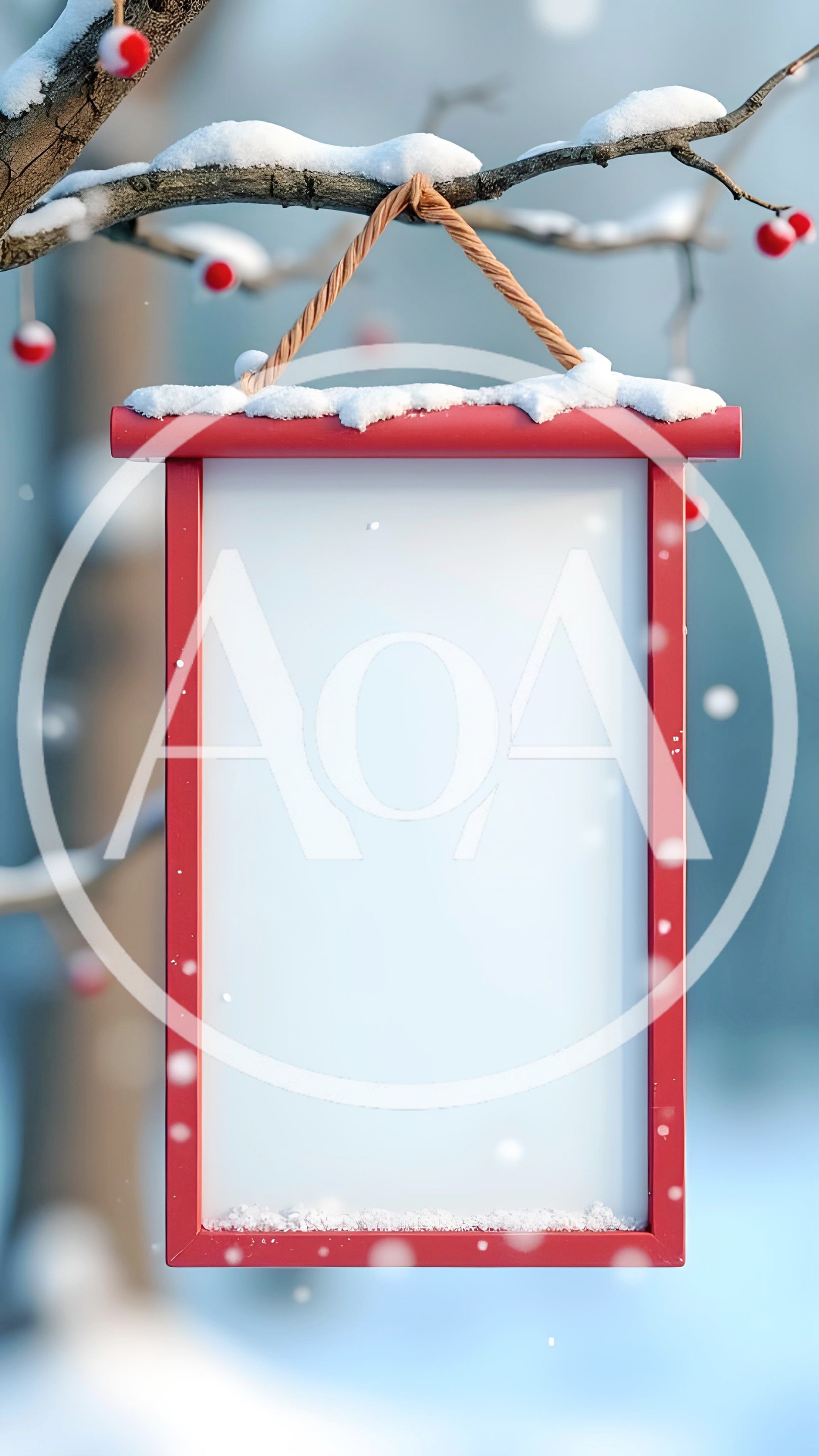 Blank Red Hanging Sign In Snowy Winter Forest
