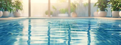 Indoor Swimming Pool With Potted Plants And Sunlight