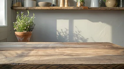 Rustic Wooden Table Surface With Kitchen Background