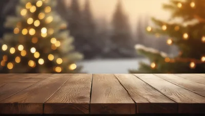 Empty Wooden Table With Blurred Christmas Tree Background