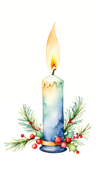 Watercolor Christmas Candle With Pine Branches And Berries