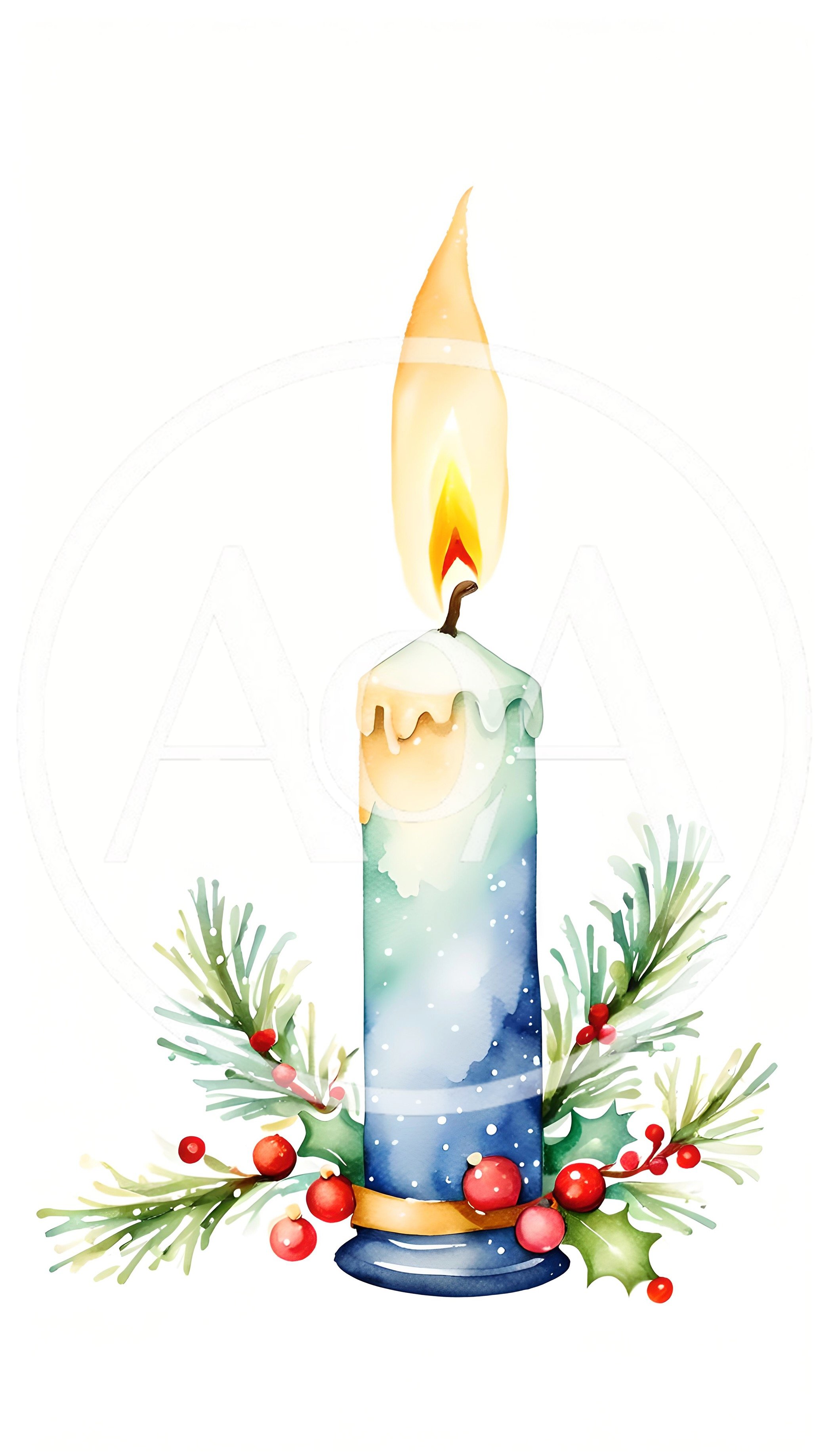 Watercolor Christmas Candle With Pine Branches And Berries