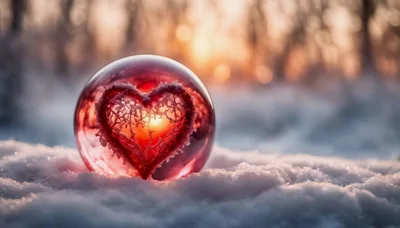 Frosted Heart Inside Glass Sphere In Snowy Landscape