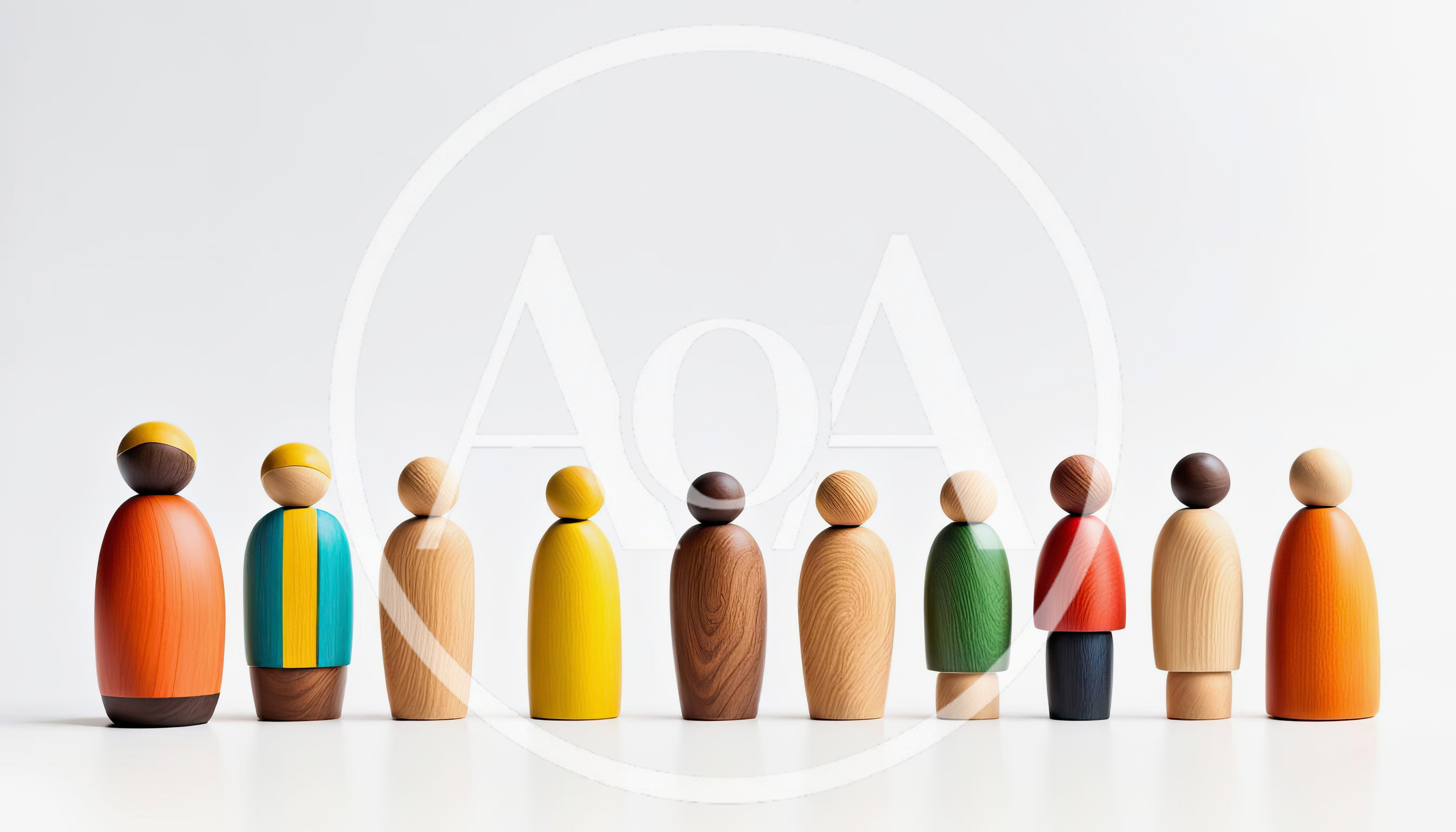 Row Of Colorful Wooden Peg Dolls On White Background