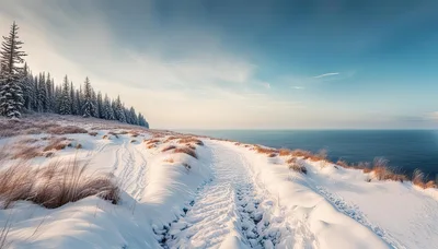 Snowy Coastal Path Along A Winter Forest
