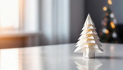 Origami Paper Christmas Tree on a Reflective Table