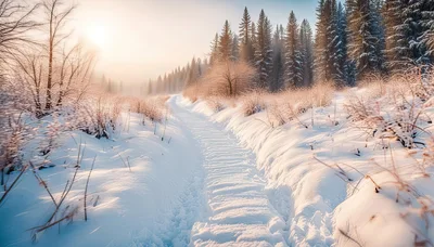 Snowy Forest Path During Golden Hour