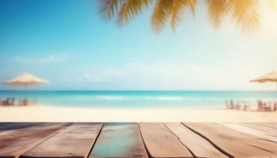 Wooden Table Overlooking Tropical Beach Resort