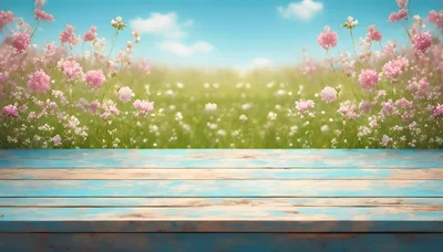 Rustic Blue Wooden Table Against A Spring Flower Meadow