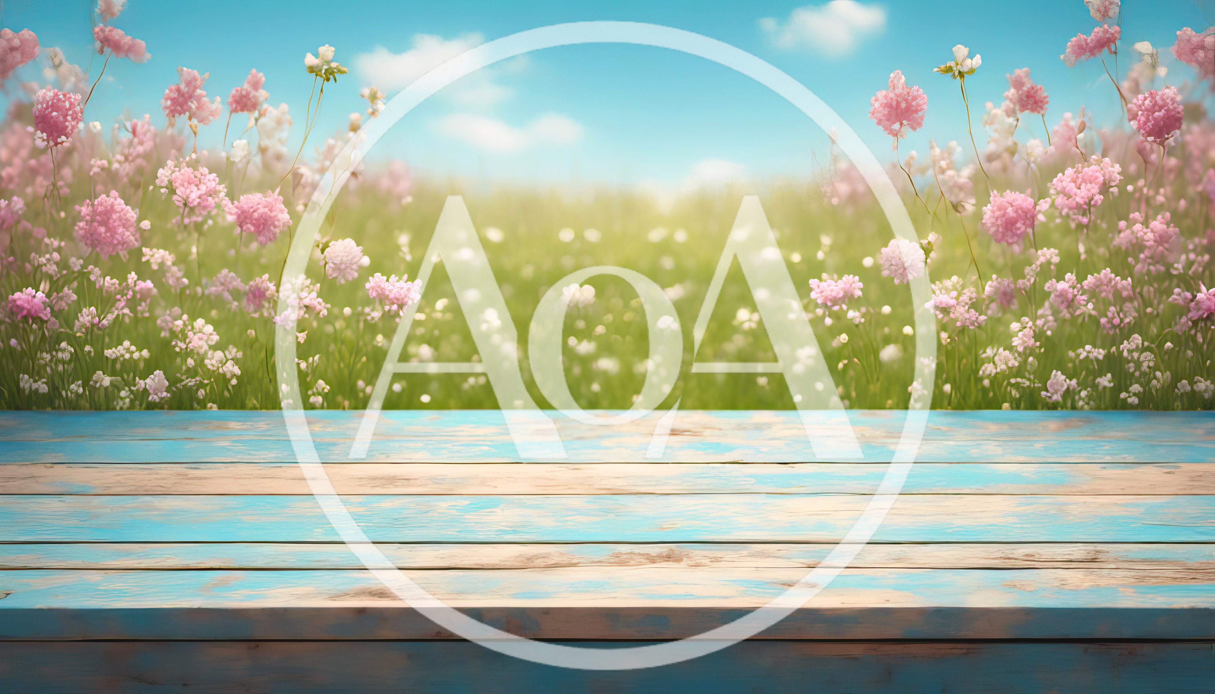 Rustic Blue Wooden Table Against A Spring Flower Meadow