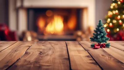 Small Christmas Tree on Wooden Table with Fireplace Background