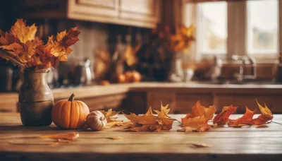 Autumn Kitchen Countertop With Pumpkins And Fall Leaves