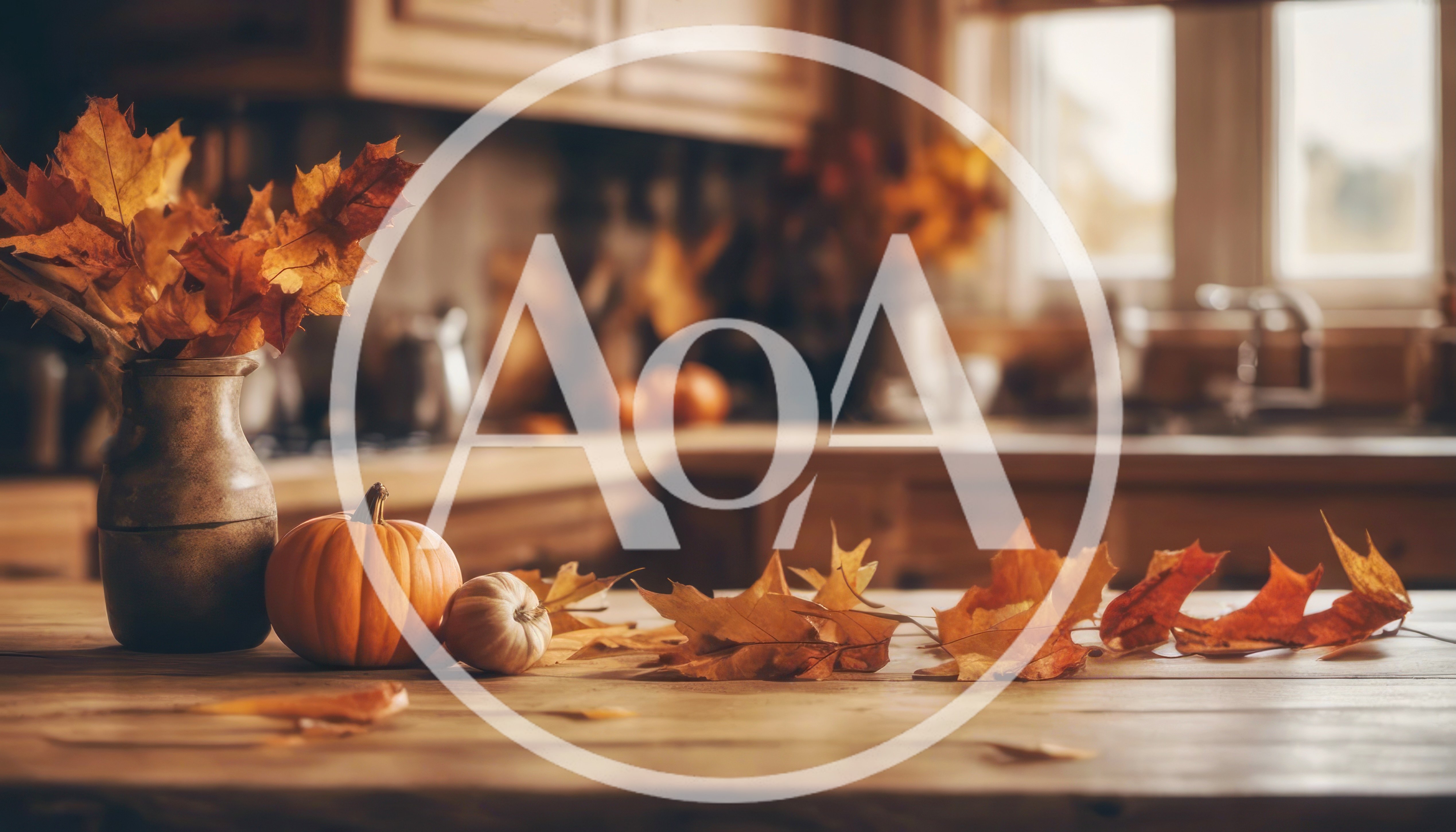 Autumn Kitchen Countertop With Pumpkins And Fall Leaves
