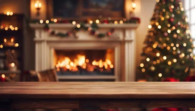 Empty Wooden Table In A Cozy Christmas Living Room