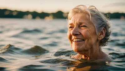 Senior Woman Swimming In A Lake At Sunset