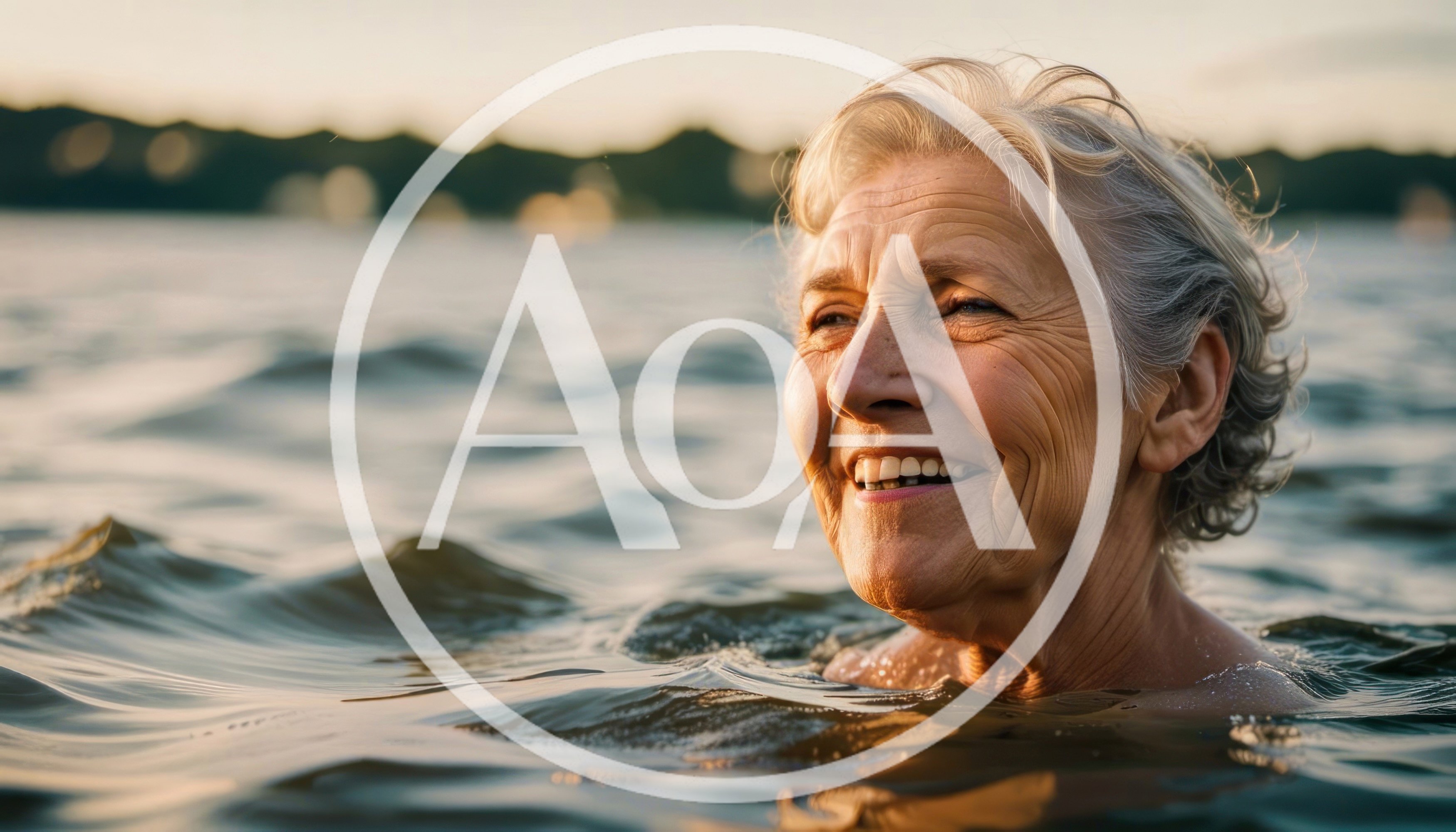 Senior Woman Swimming In A Lake At Sunset