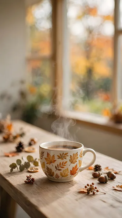 Steaming Coffee Mug With Autumn Leaves On Wooden Table