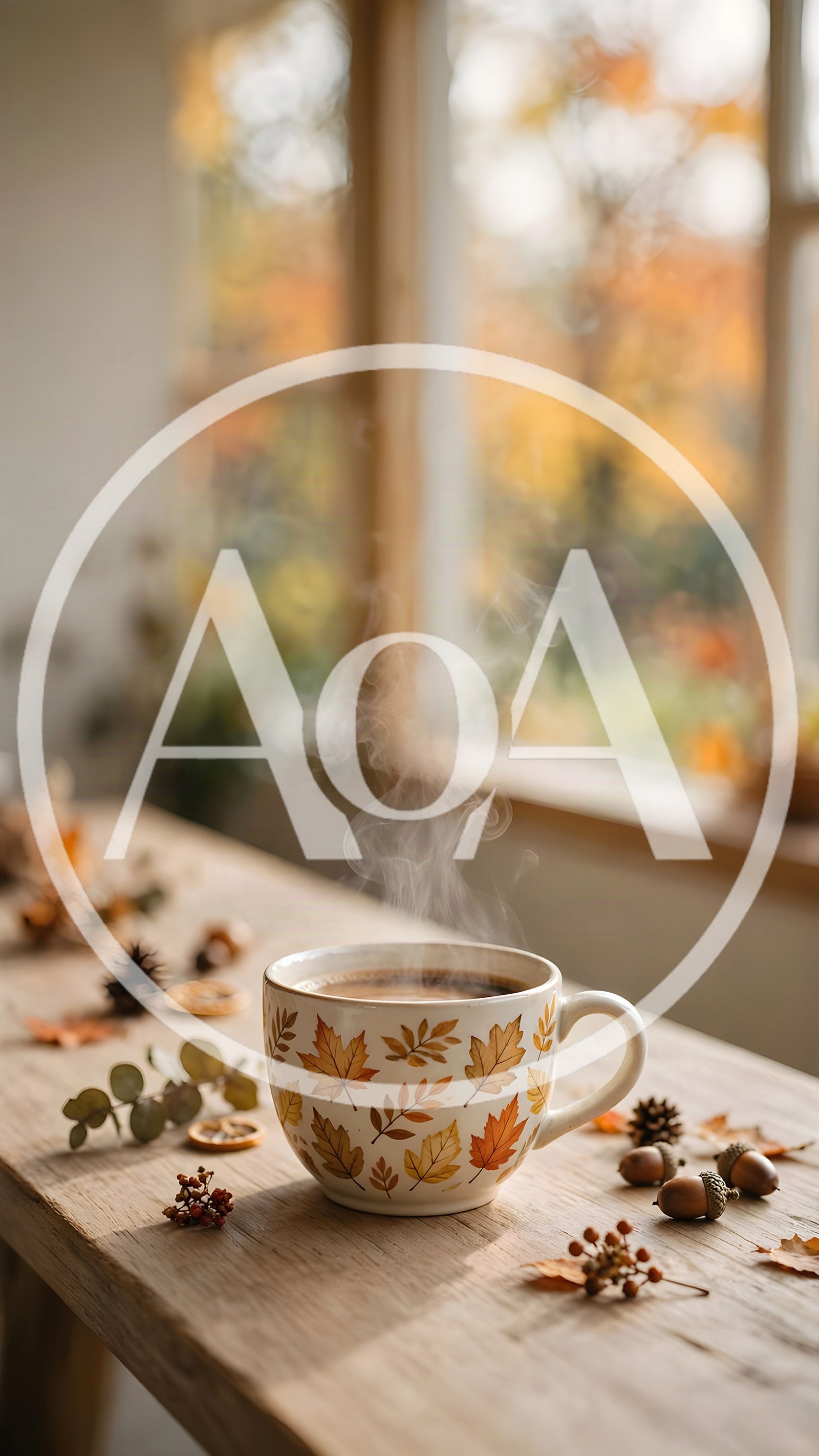 Steaming Coffee Mug With Autumn Leaves On Wooden Table