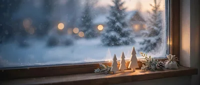 Wooden Christmas Tree Decorations On A Snowy Window Sill