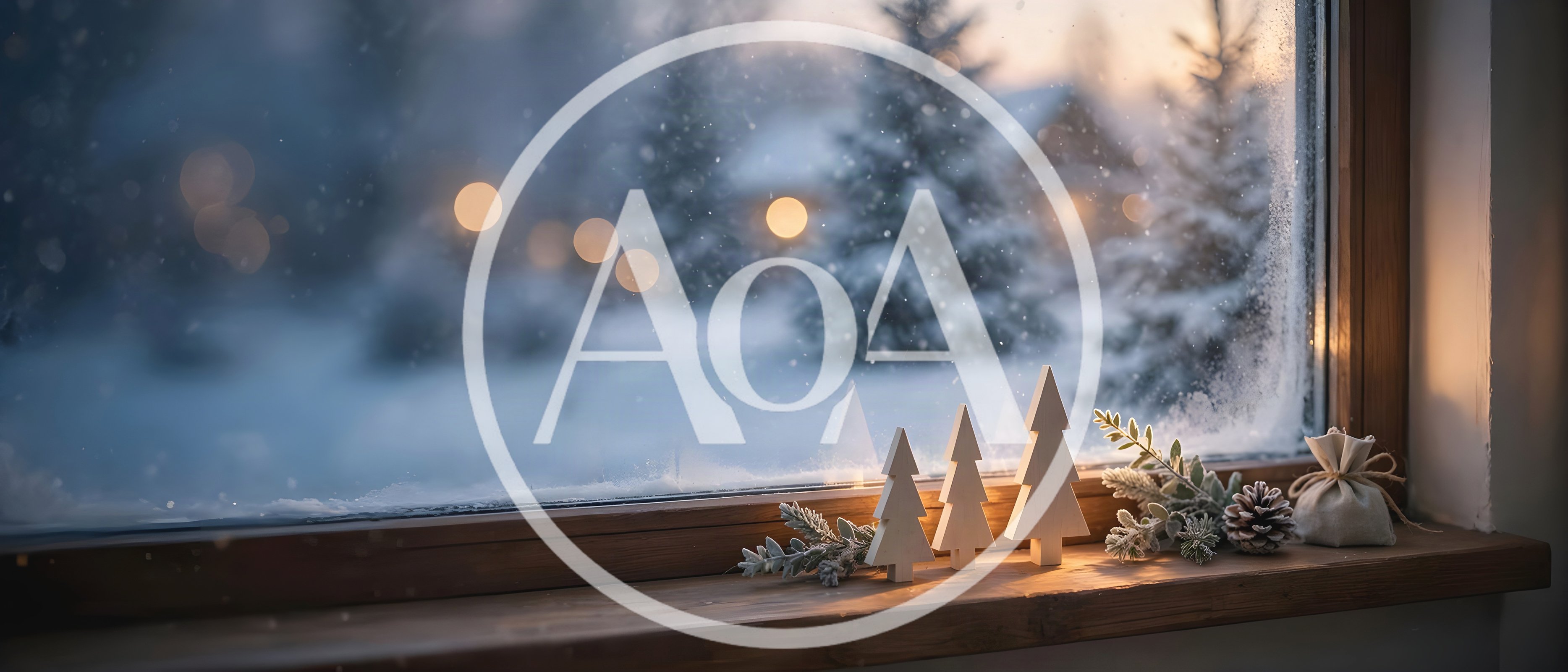 Wooden Christmas Tree Decorations On A Snowy Window Sill
