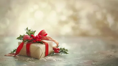 Christmas Gift Box With Holly And Red Ribbon