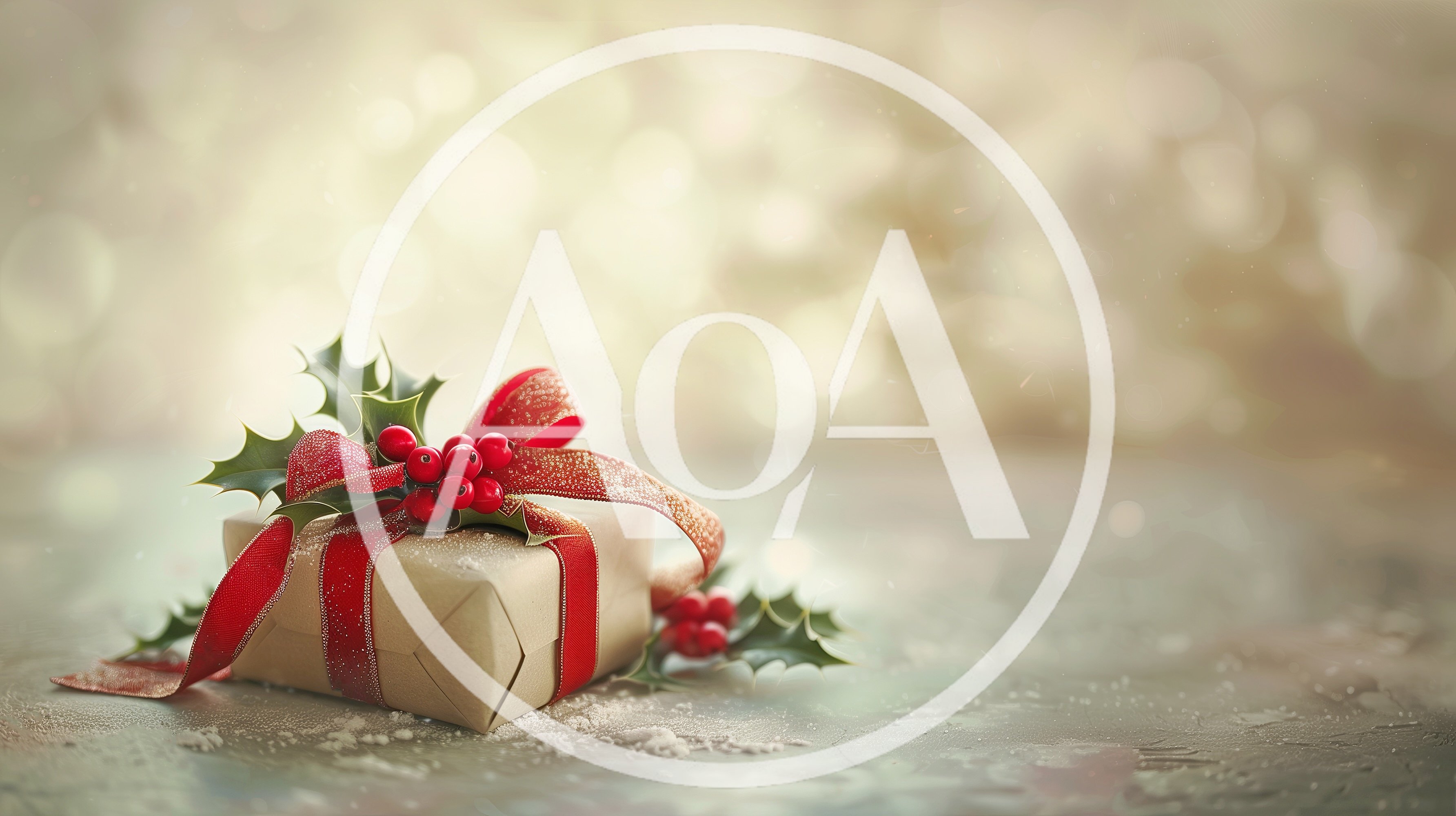 Christmas Gift Box With Holly And Red Ribbon