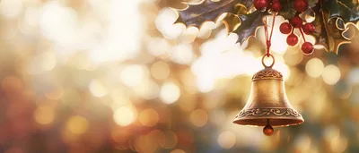 Golden Christmas Bell Hanging From Holly Branch