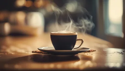 Steaming Cup Of Coffee On A Wooden Table