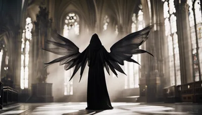 Dark Angel Figure Standing In Gothic Cathedral