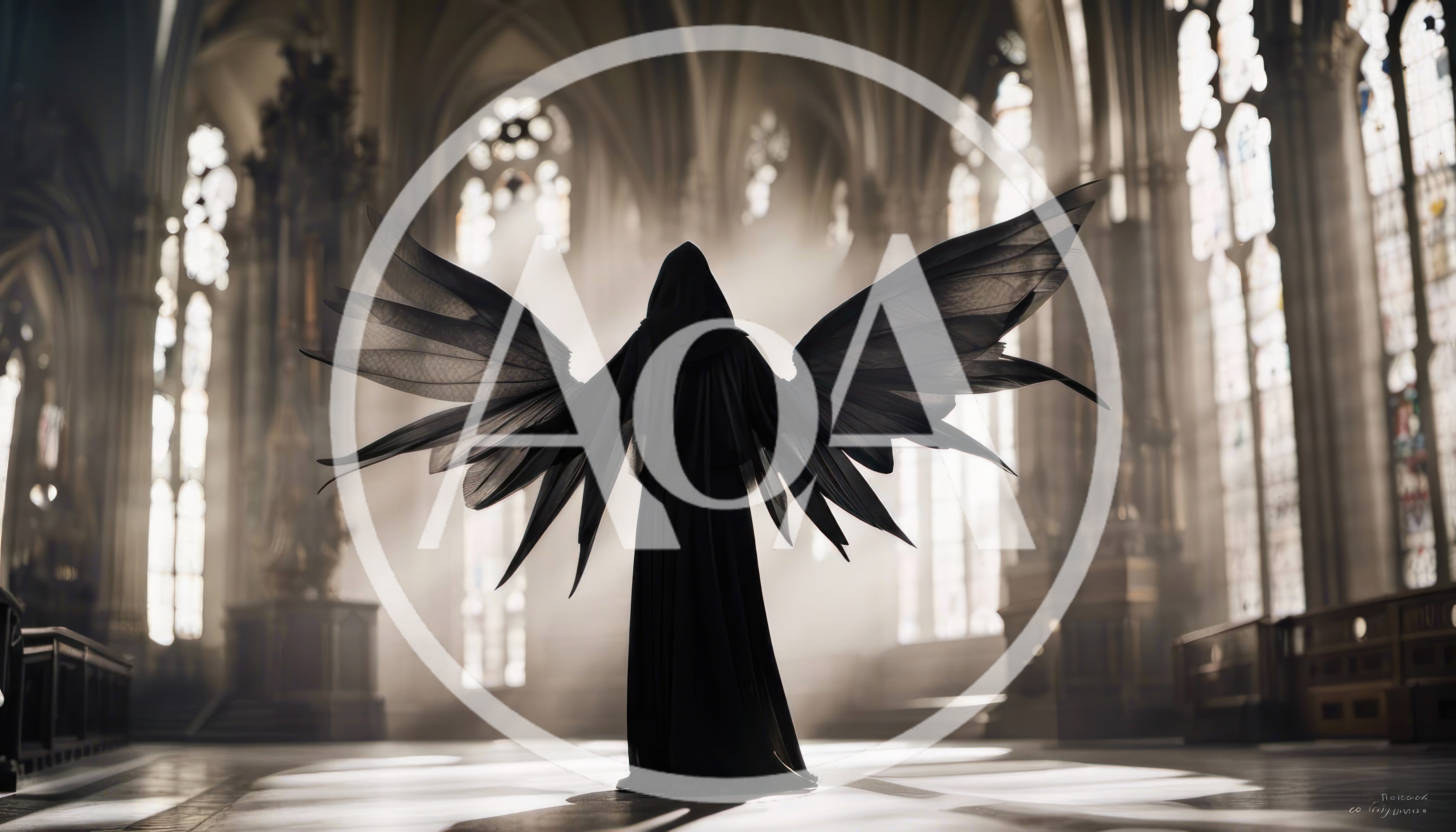 Dark Angel Figure Standing In Gothic Cathedral