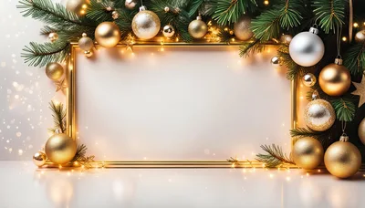 Golden Christmas Frame With Ornaments And Pine Branches