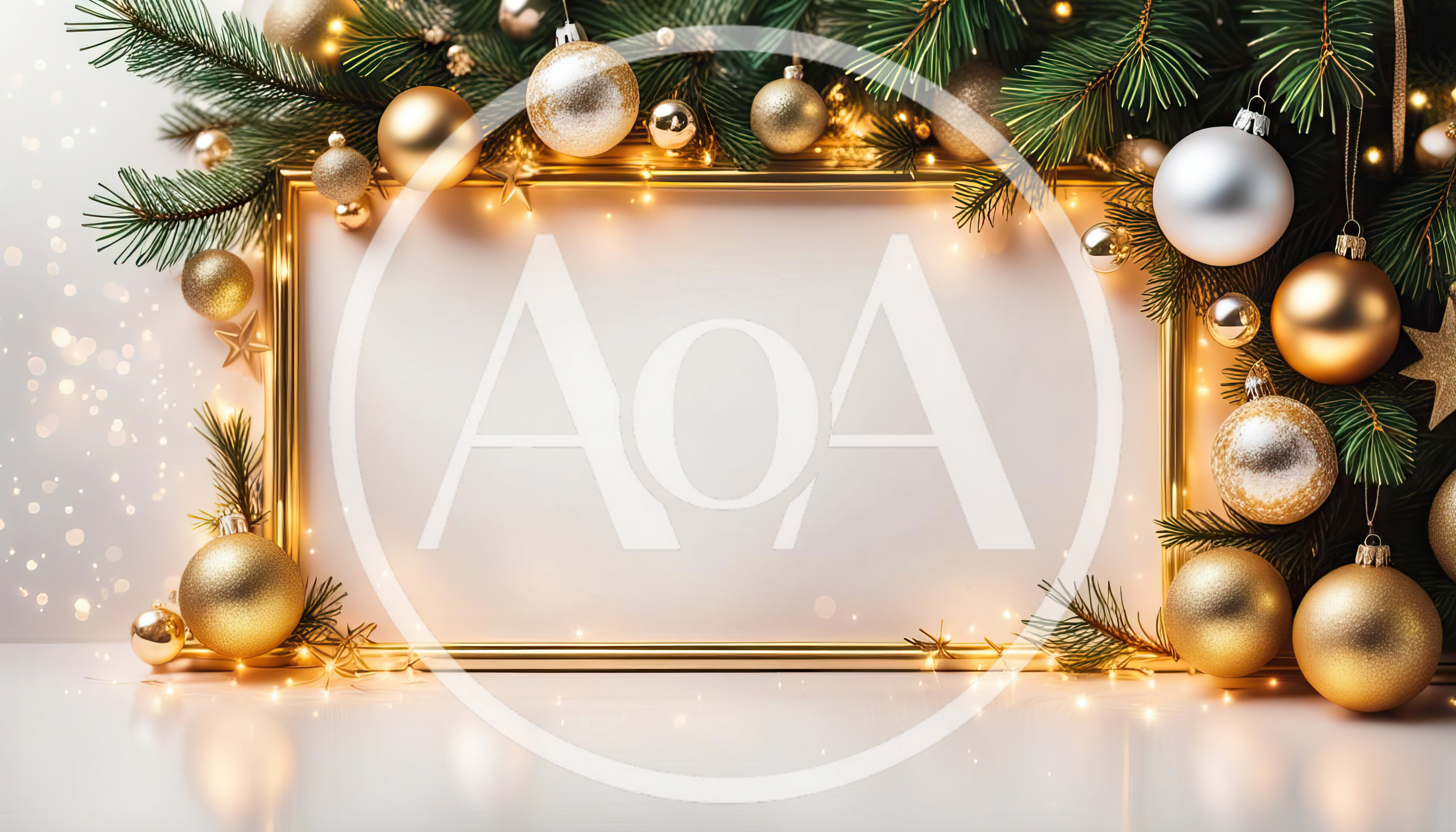 Golden Christmas Frame With Ornaments And Pine Branches