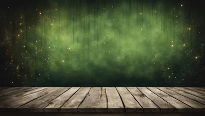 Rustic Wooden Table Against A Magical Green Foggy Background