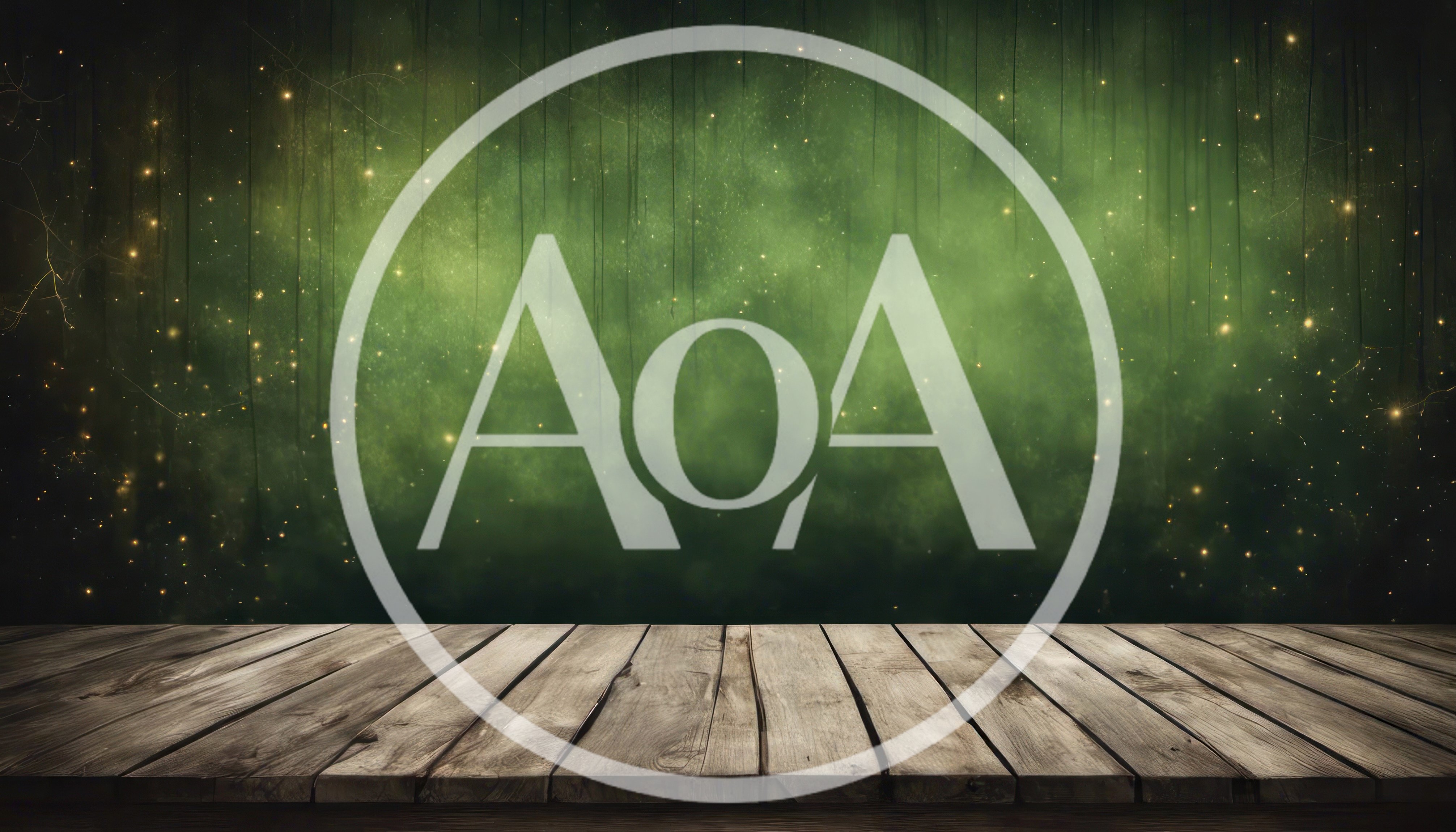Rustic Wooden Table Against A Magical Green Foggy Background