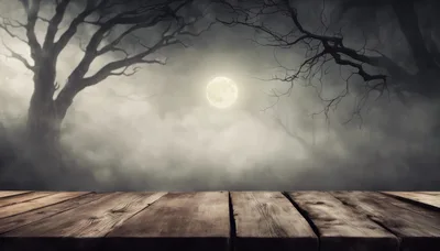 Wooden Table Surface Against Spooky Foggy Forest Background