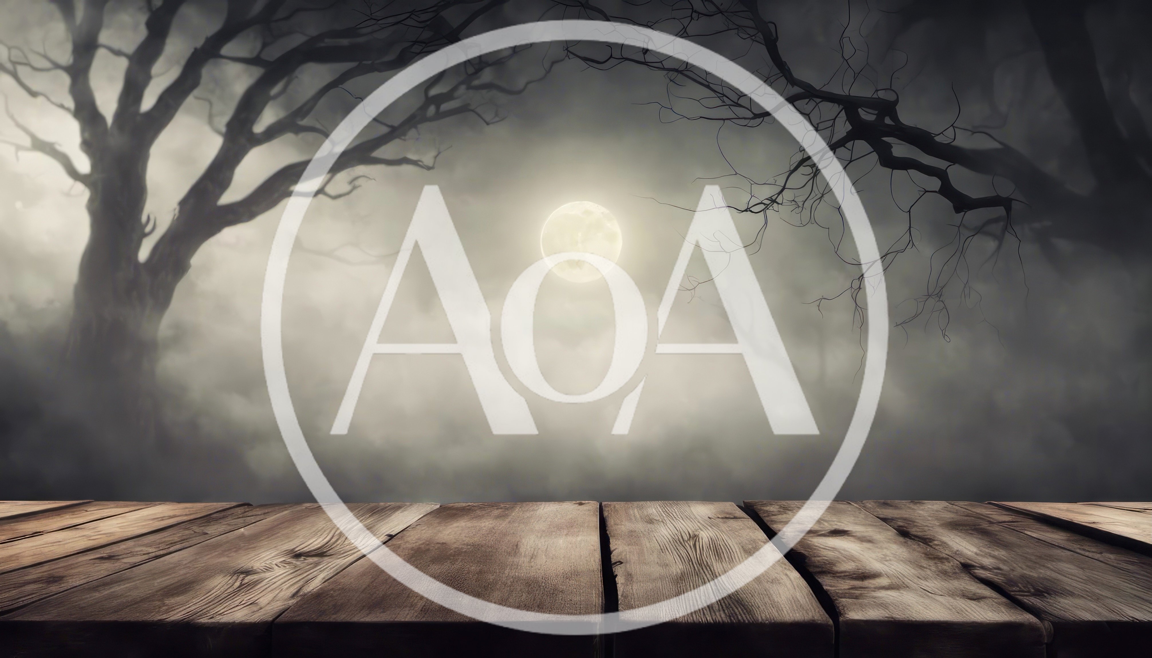 Wooden Table Surface Against Spooky Foggy Forest Background