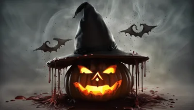Spooky Halloween Pumpkin With Witch Hat And Dripping Blood