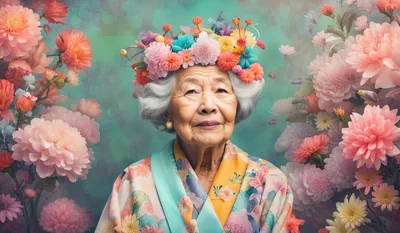 Portrait of Elderly Asian Woman Wearing Floral Crown