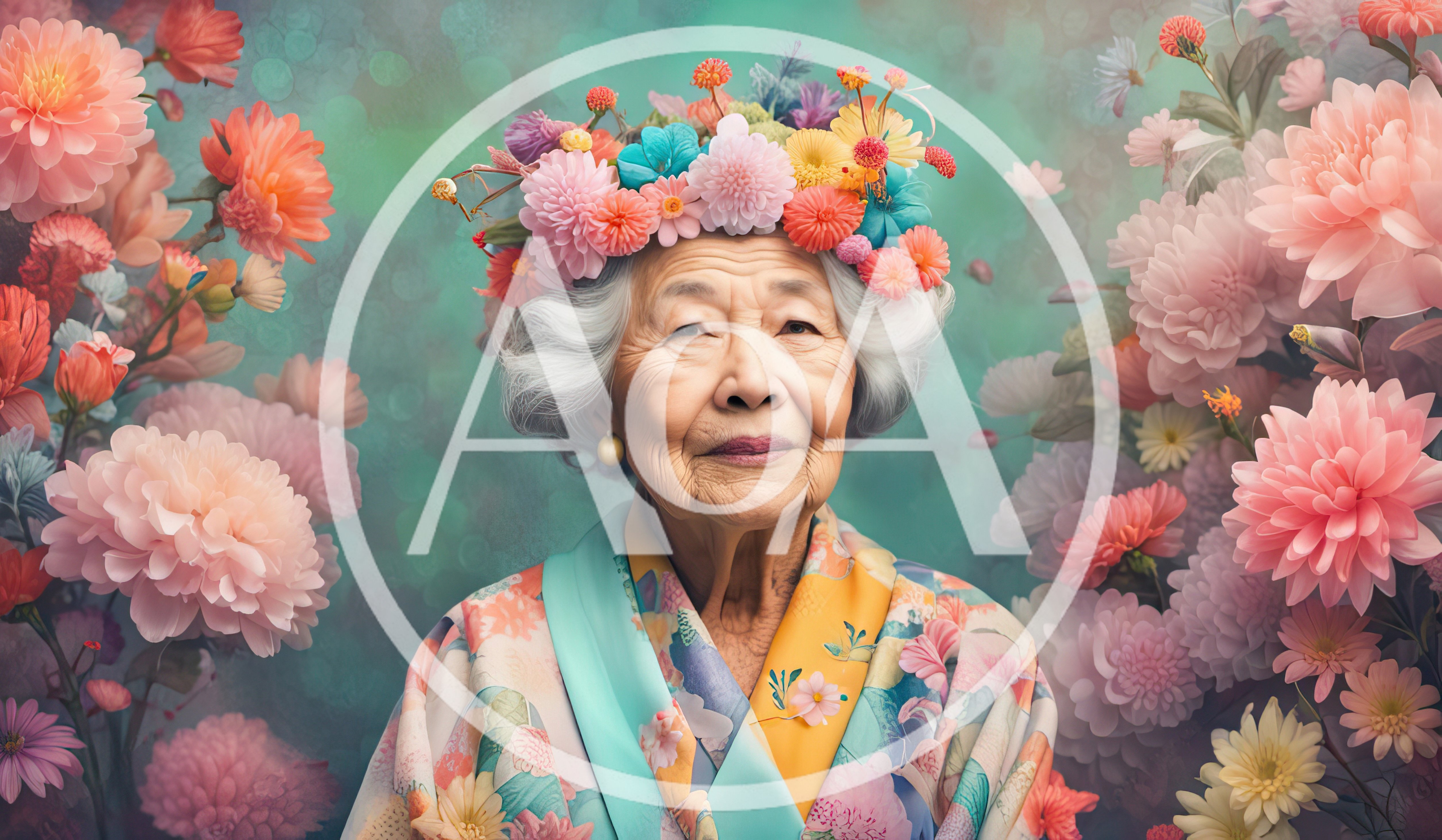 Portrait of Elderly Asian Woman Wearing Floral Crown