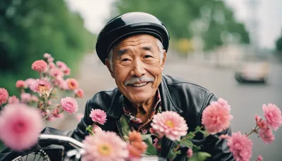 Smiling Elderly Asian Man With Flowers On Motorcycle