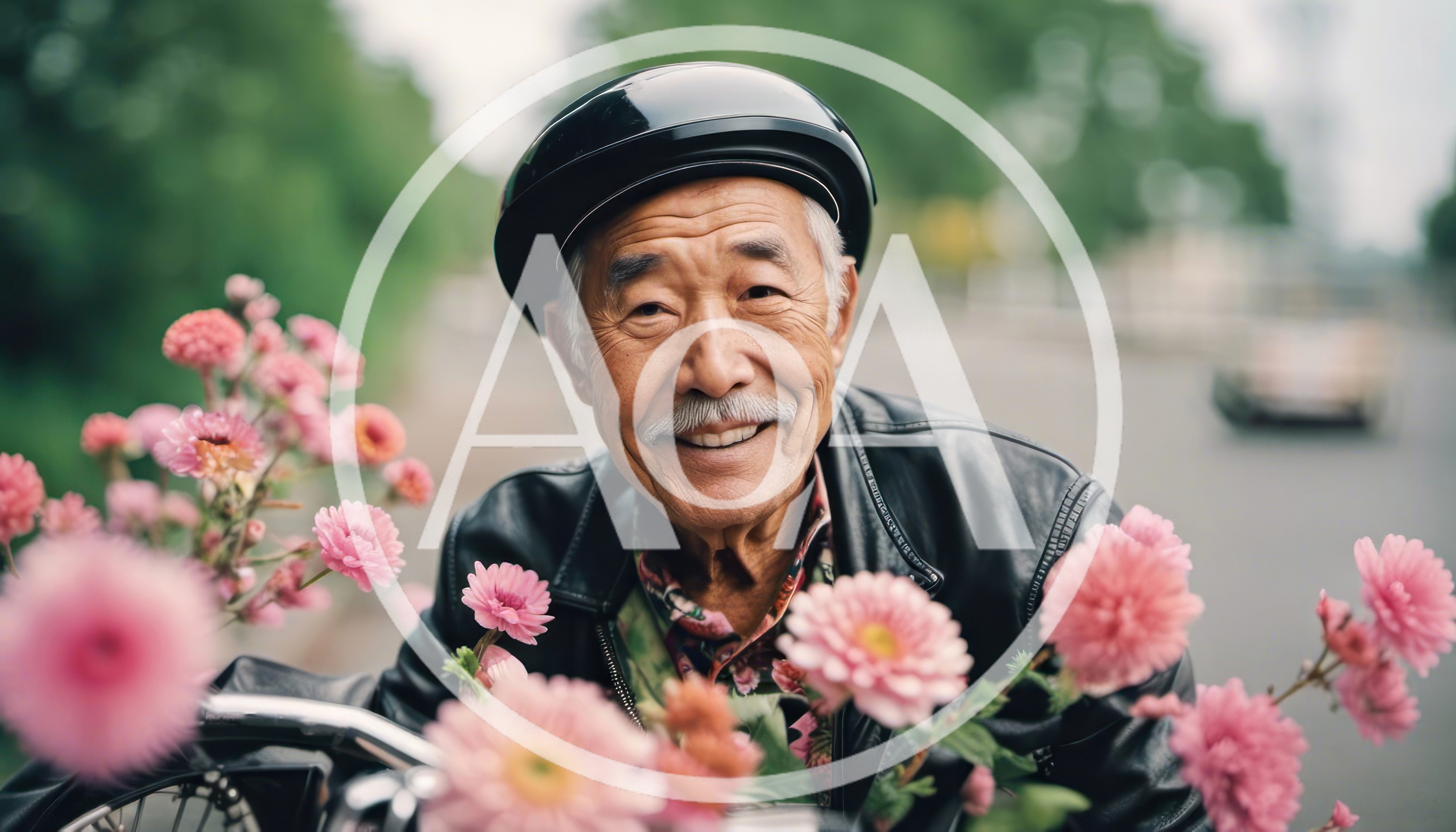 Smiling Elderly Asian Man With Flowers On Motorcycle