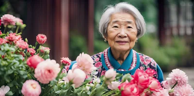 Portrait Of An Elderly Asian Woman With Pink Flowers
