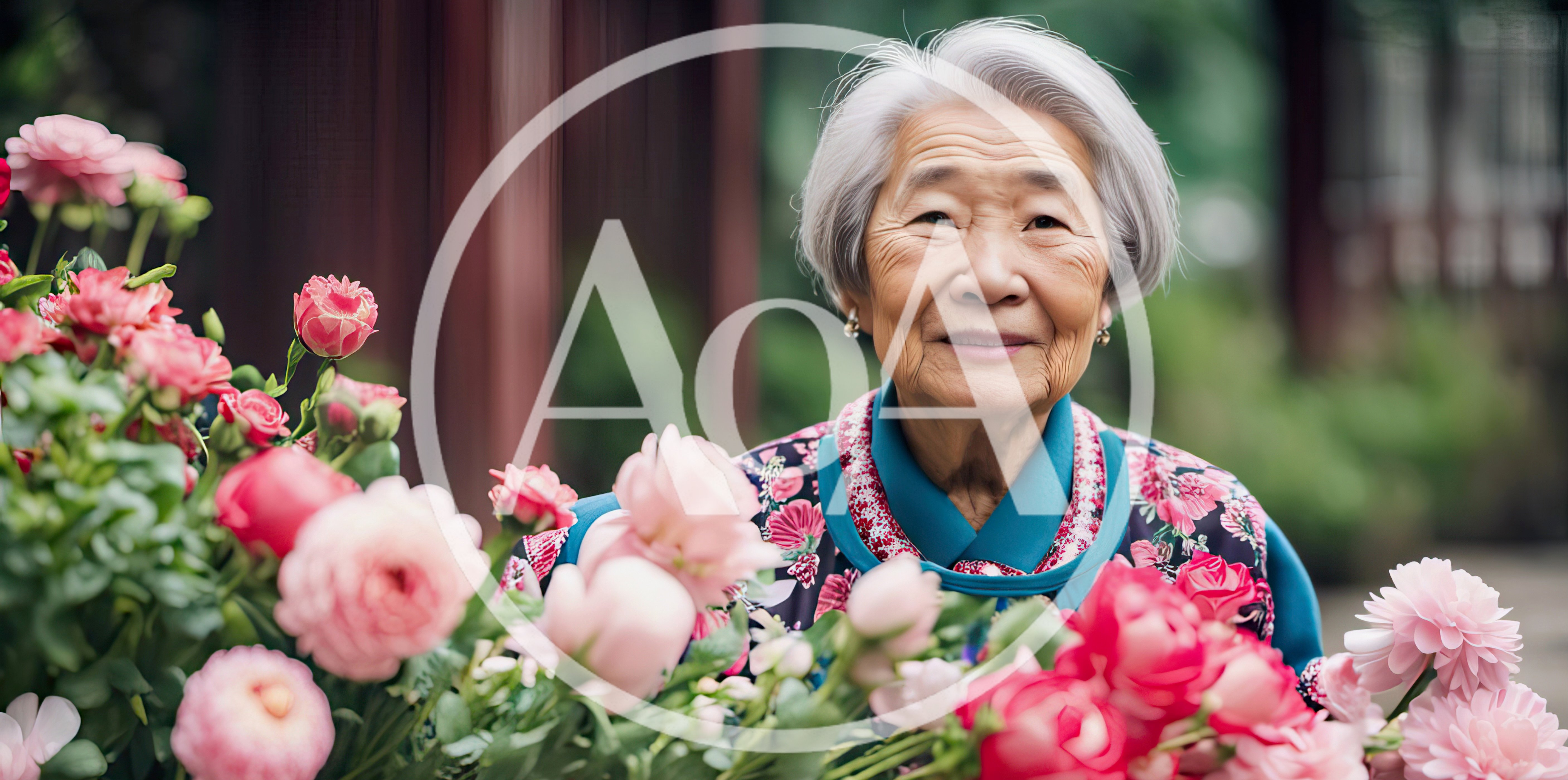 Portrait Of An Elderly Asian Woman With Pink Flowers