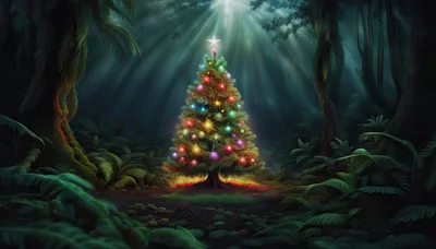 Illuminated Christmas Tree In A Dark Enchanted Forest