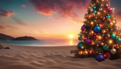 Decorated Christmas Tree On A Tropical Beach At Sunset