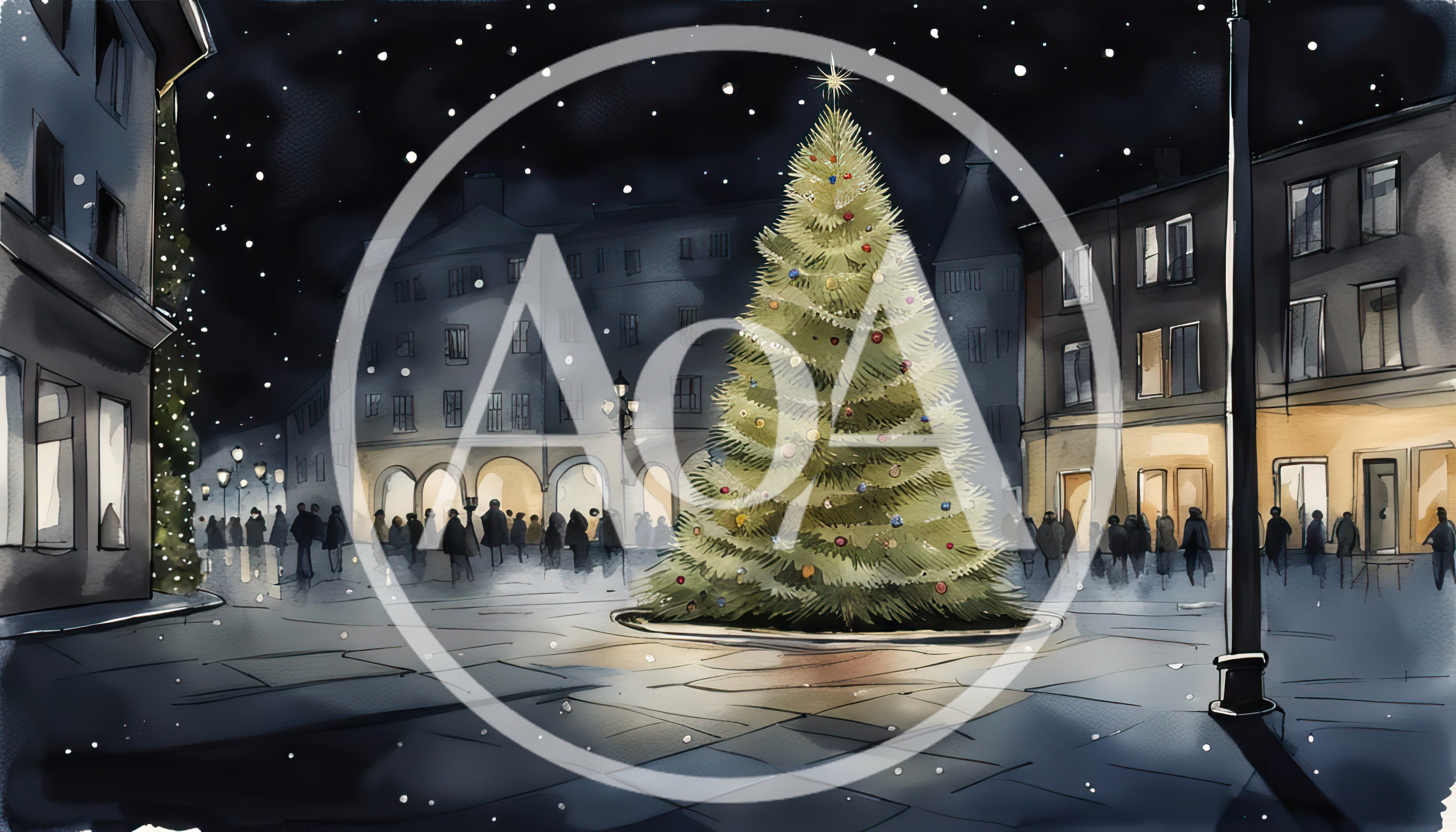 Watercolor Illustration Of A Festive Town Square Christmas Tree